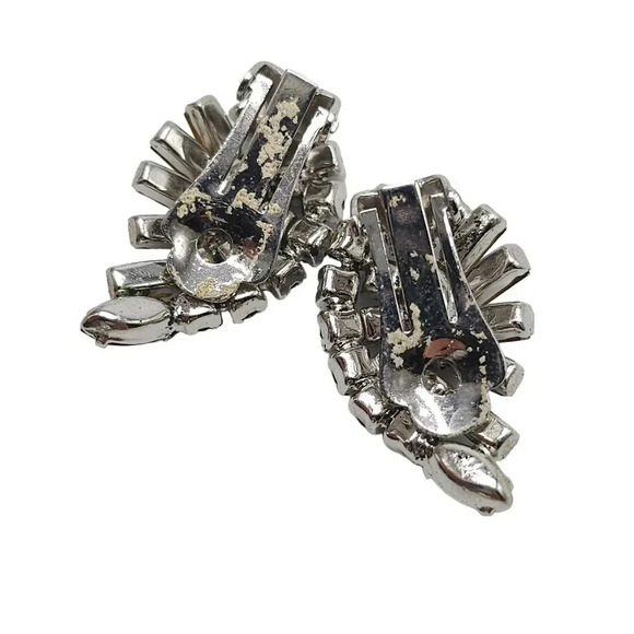 Clear Rhinestone Crystal Cluster Clip on Earrings Silver Tone Vintage (G) Deco - Picture 3 of 4